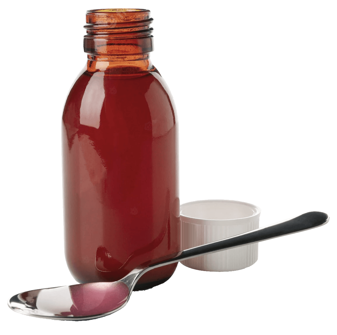 Picture of a bottle of thyme syrup and a spoon
