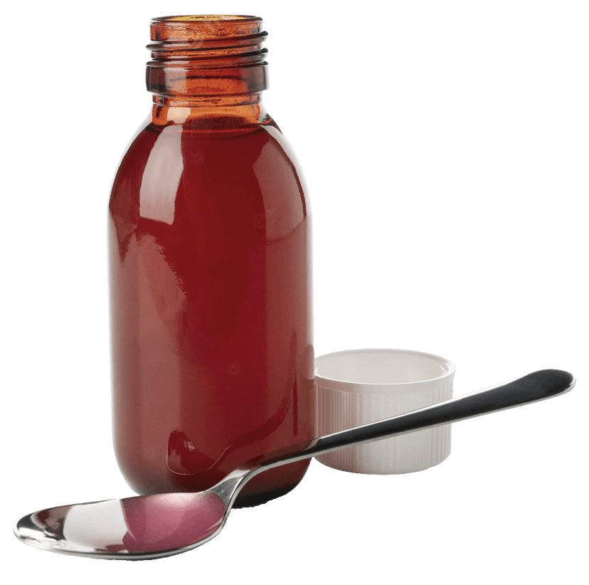 Picture of a bottle of thyme syrup and a spoon